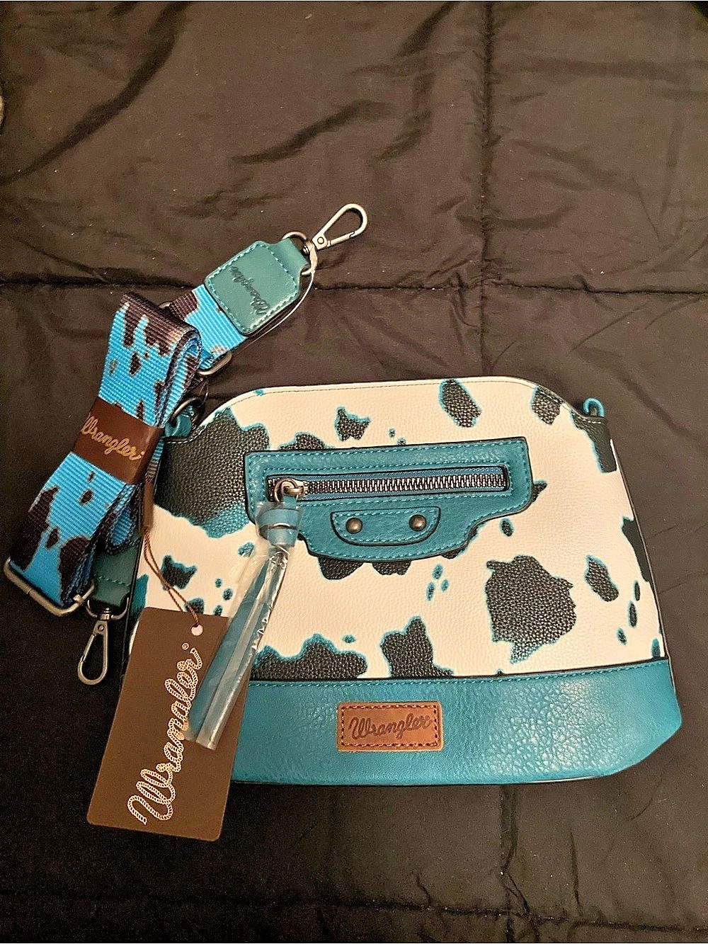 Wrangler Cow Print Crossbody Handbag Blue & White NWT
